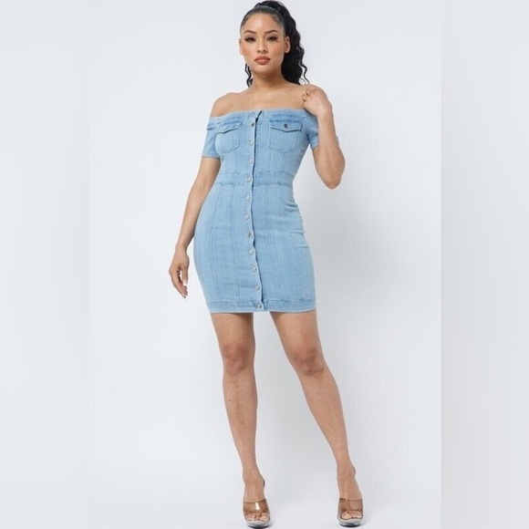 Bosswell Off The Shoulder Denim Chambray Mini Short Dress With Buttons & Pockets - Picture 7 of 7